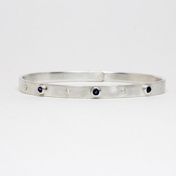 Blue Sapphire Silver and 14k White Gold Beach Bangle Bracelet