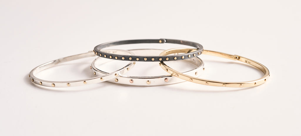 Skinny Beach Bangle- Silver and 14k Yellow Gold