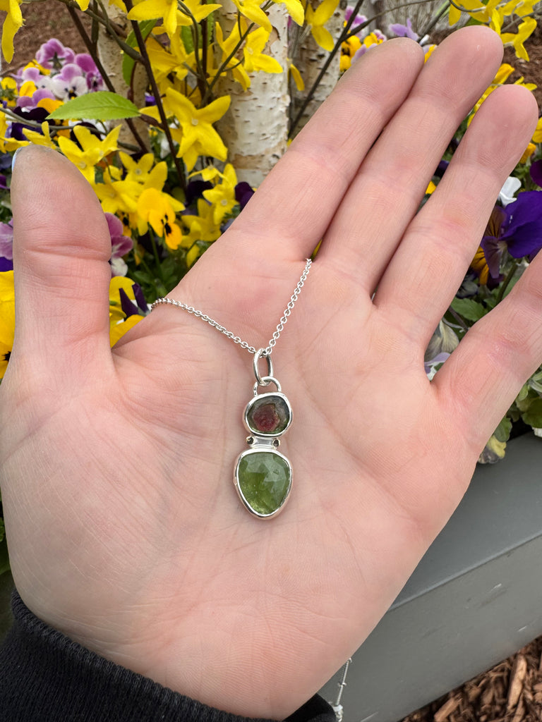 Watermelon Tourmaline and Peridot Duo Drop Pendant