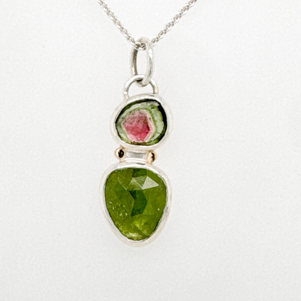Watermelon Tourmaline and Peridot Duo Drop Pendant