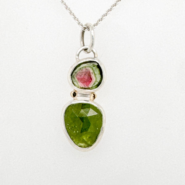 Watermelon Tourmaline and Peridot Duo Drop Pendant
