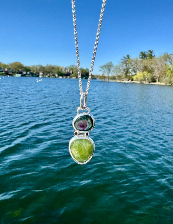 Watermelon Tourmaline and Peridot Duo Drop Pendant