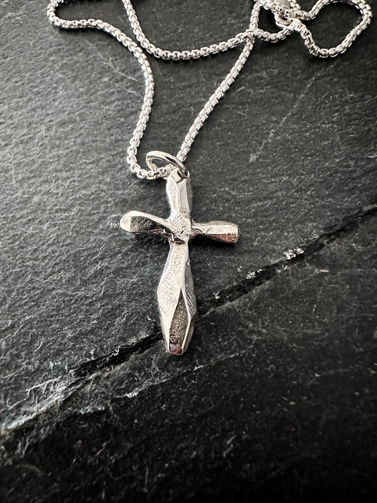 Silver Faceted Cross Necklace