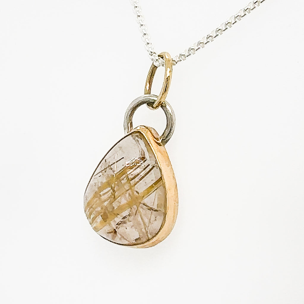 14k Gold and Silver Rutilated Quartz Teardrop Necklace