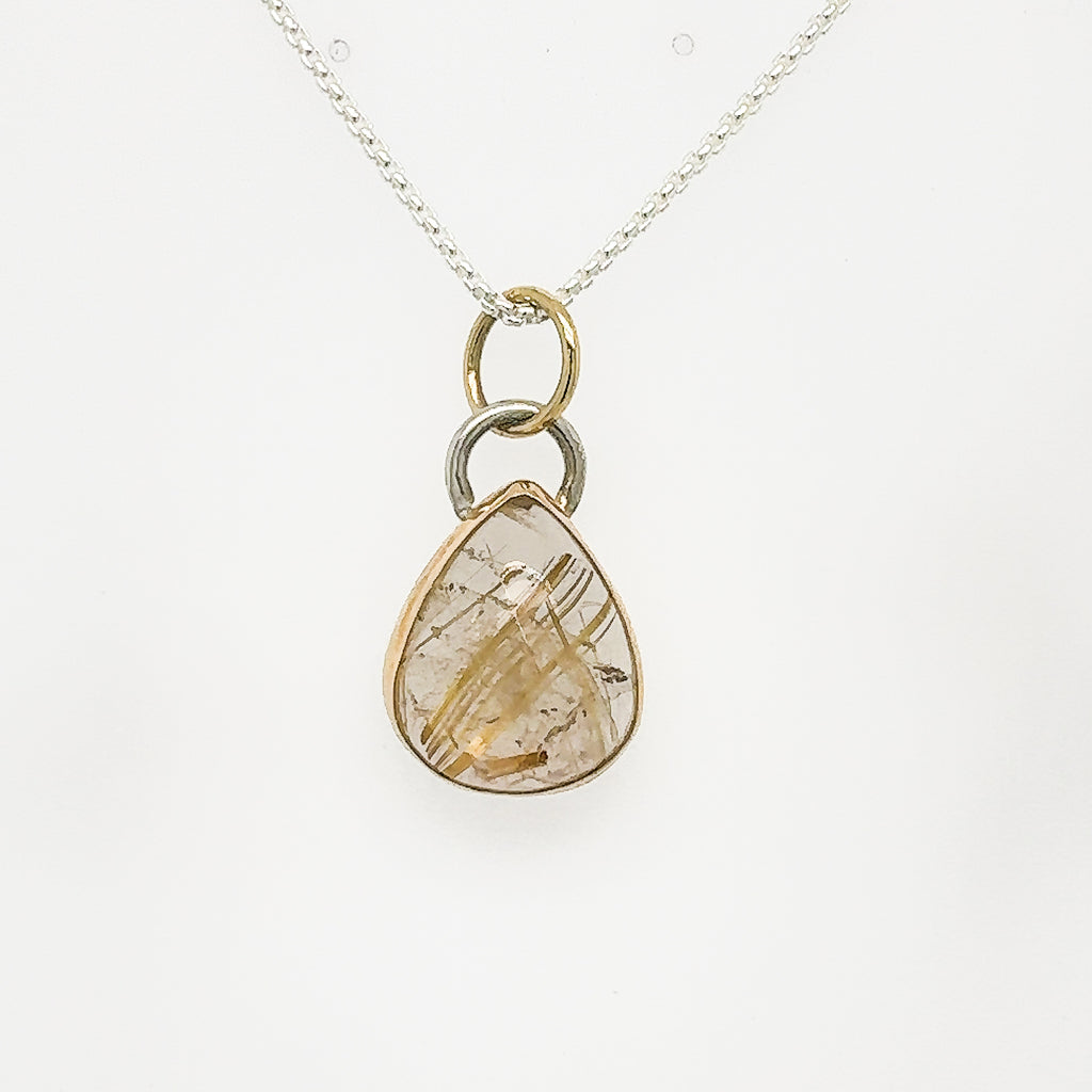 14k Gold and Silver Rutilated Quartz Teardrop Necklace