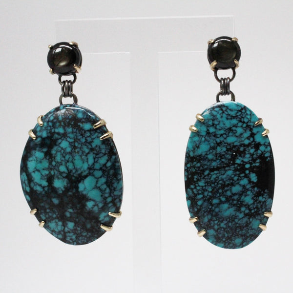 Black Star Sapphire and Oval Turquoise Drop Earrings
