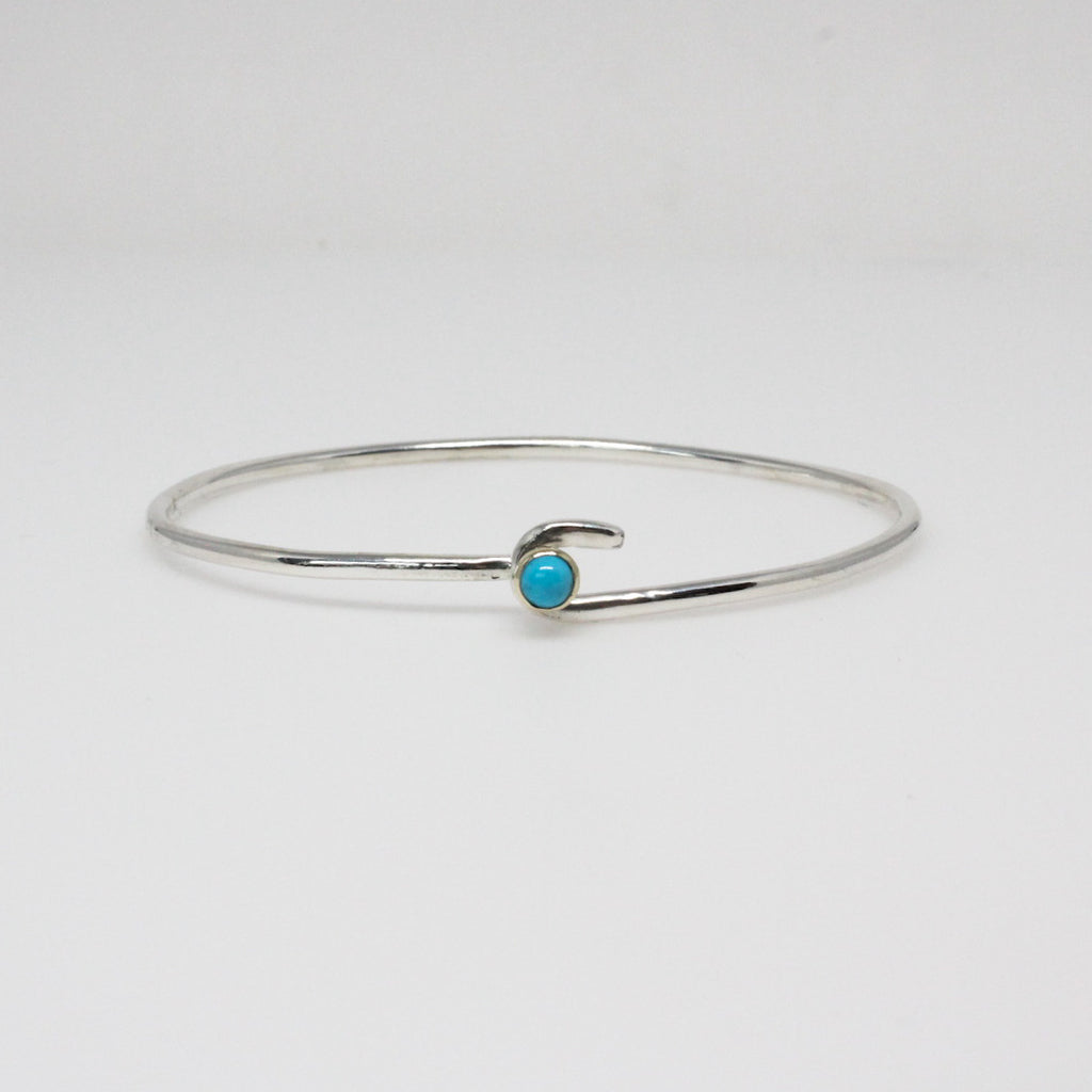 Turquoise Ball and Hook Bangle Bracelet in Silver and 14K Yellow Gold 7.75