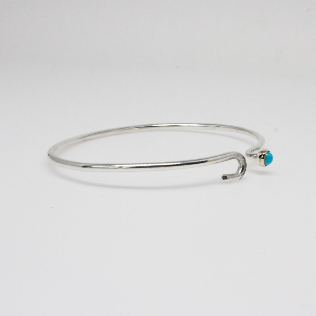Turquoise Ball and Hook Bangle Bracelet in Silver and 14K Yellow Gold