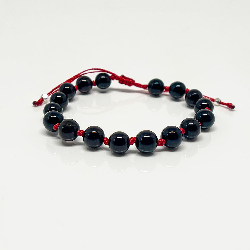 8mm Black Onyx Red Cord Bead Bracelet