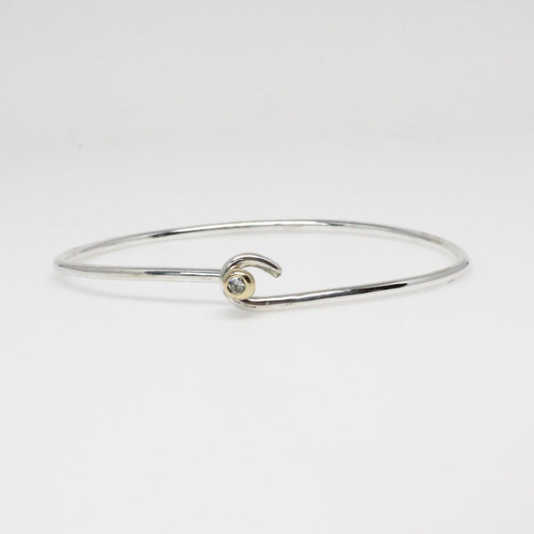 Diamond Ball and Hook Bangle Bracelet in Sterling Silver and Yellow Gold