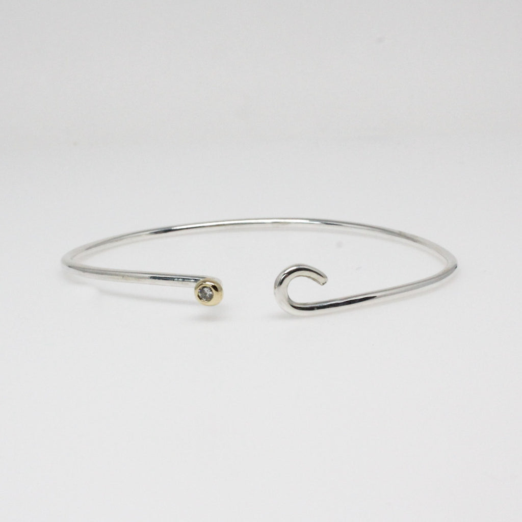 Diamond Ball and Hook Bangle Bracelet in Sterling Silver and Yellow Gold