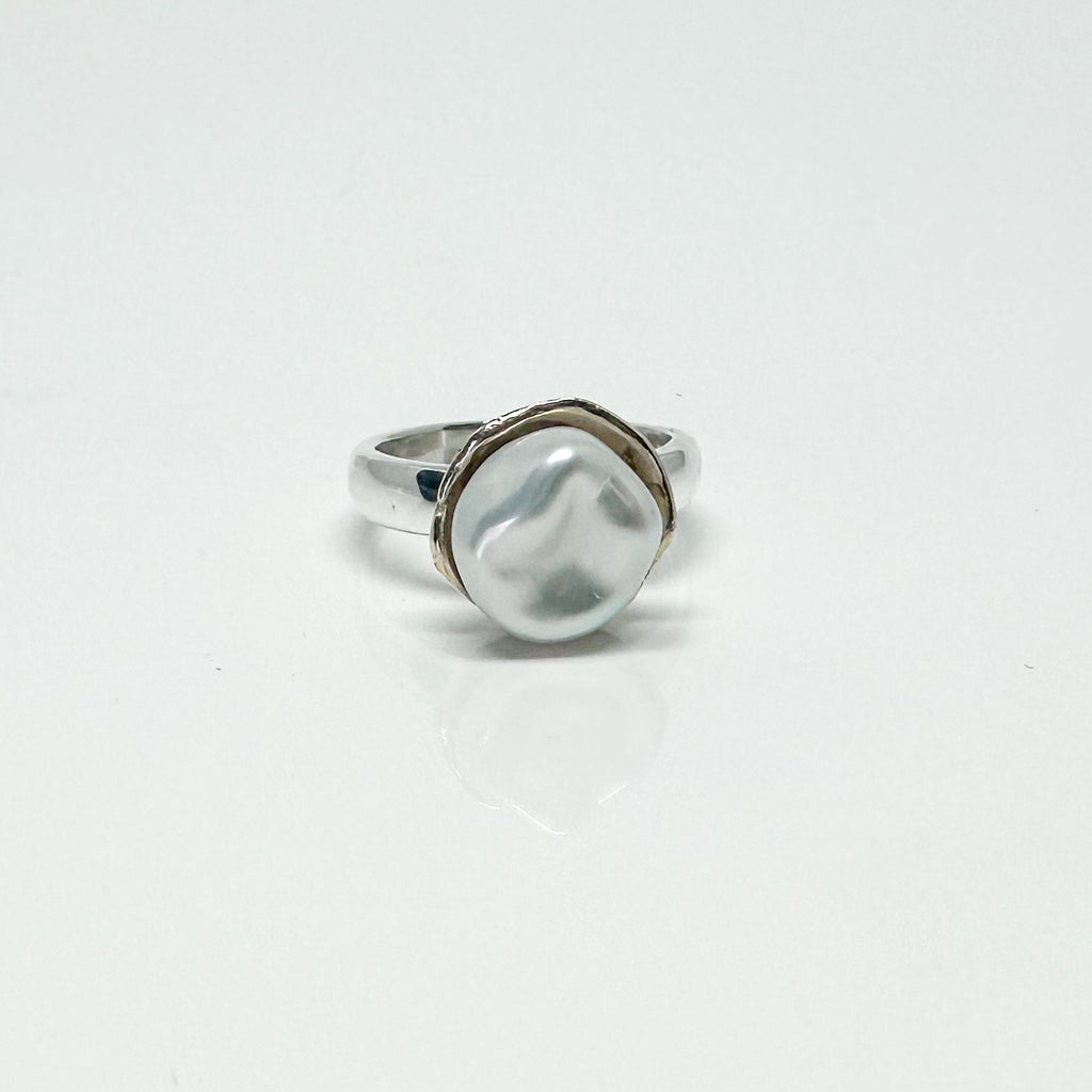 Real pearl silver ring with gold polish