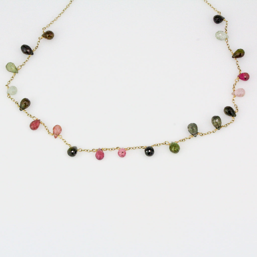 Mixed Tourmaline Briolette Necklace-14k Yellow Gold